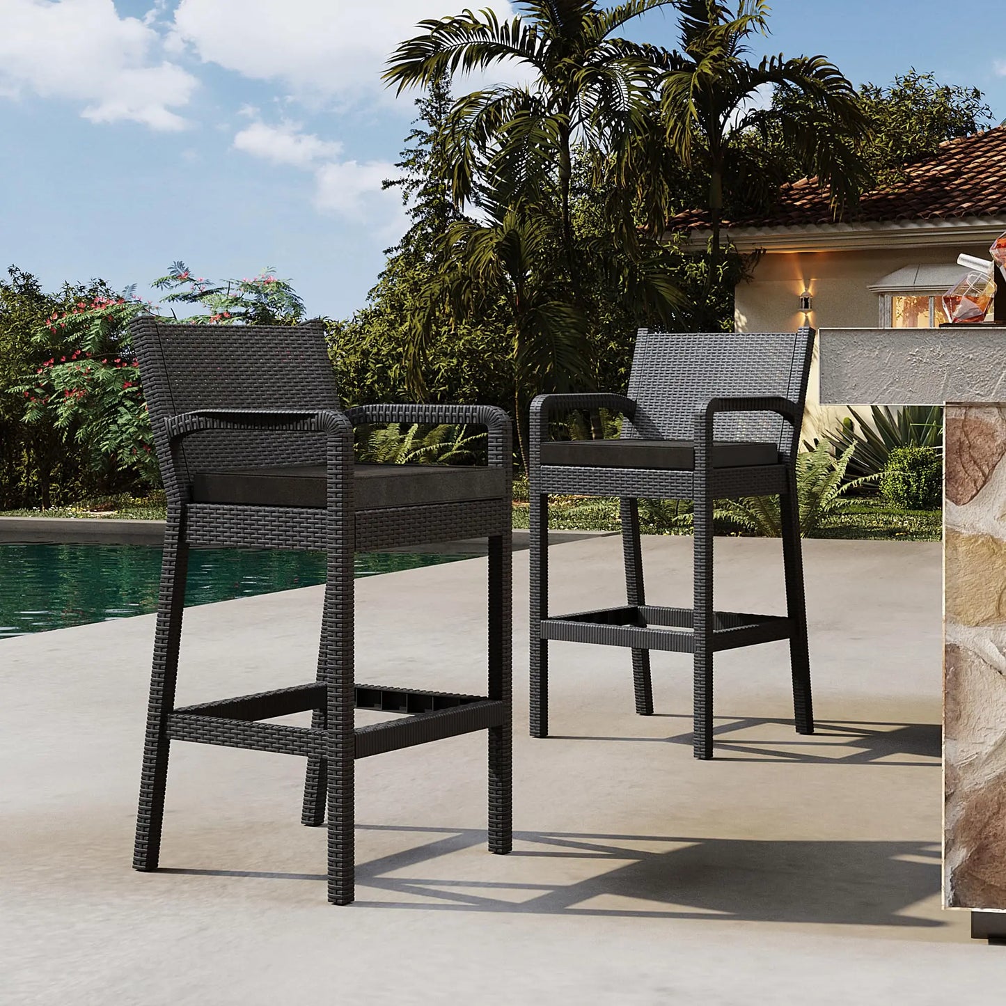 HiMISS Outdoor Wicker Bar Stools Set of 2 with Cushions