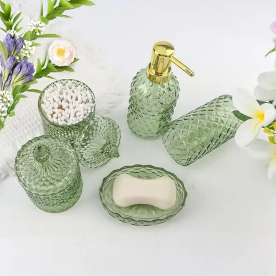 Glass Bathroom Accessories Set With Toothbrush Holder And Soap Dispenser