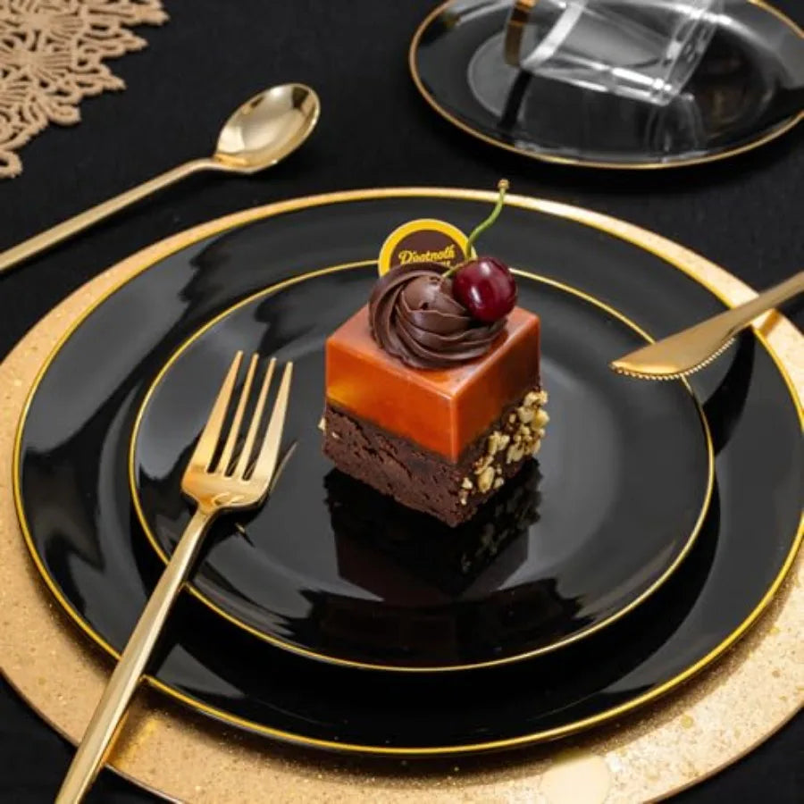 150PCS Black and Gold Plastic Plates - Black Gold Plastic Dinnerware Set Disposable - Include 25 Dinner/ 25 Dessert Plates, 25