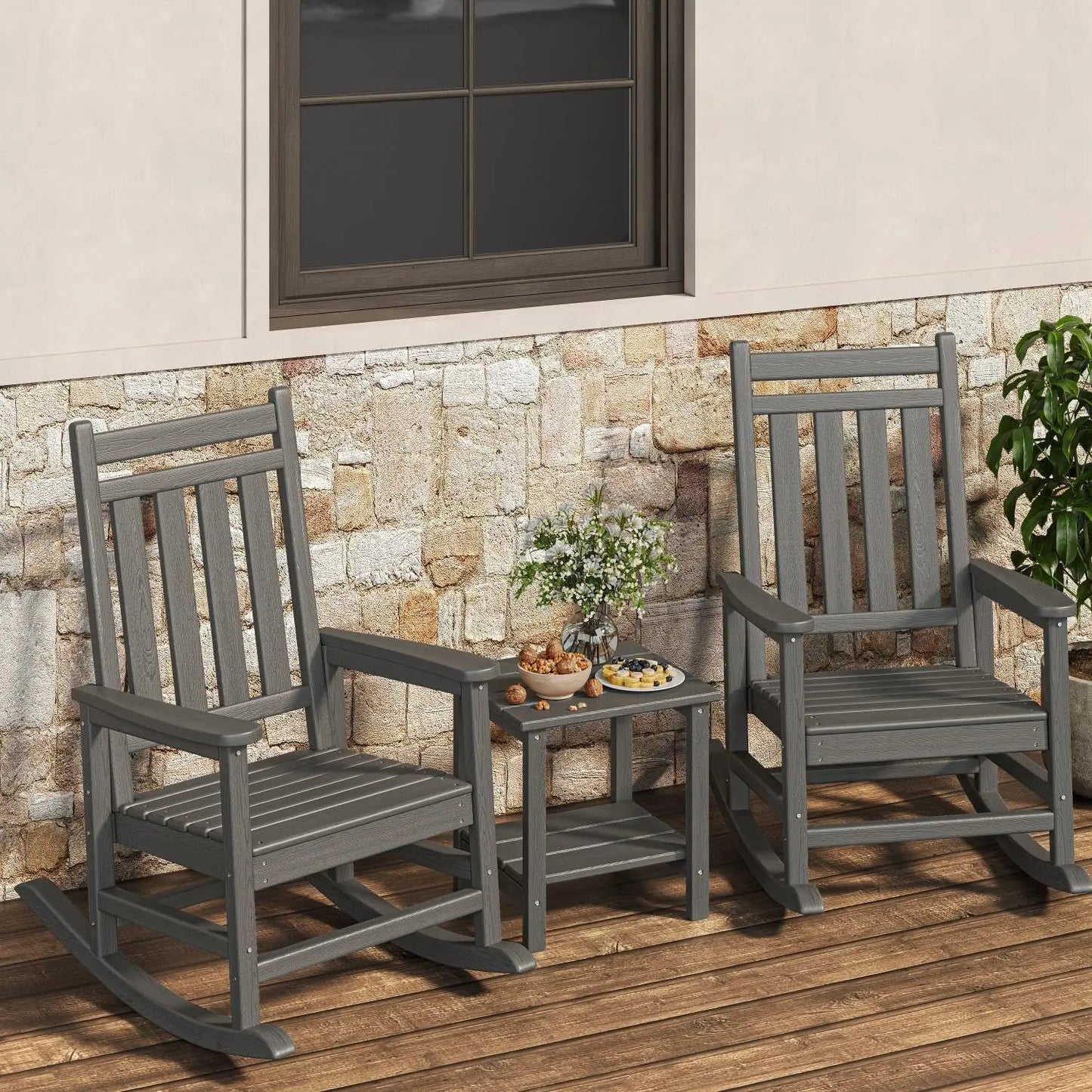 HiMISS Outdoor Poly Lumber Rocking Chair Set With Side Table