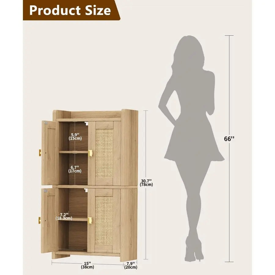 XMSJ Rattan Bathroom Cabinet With Four Doors Adjustable
