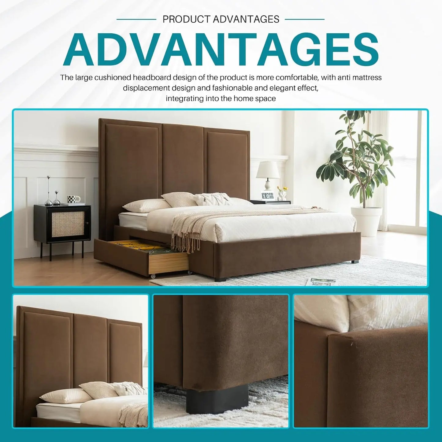 Linen Upholstered Platform Bed Frame With Storage And Headboard
