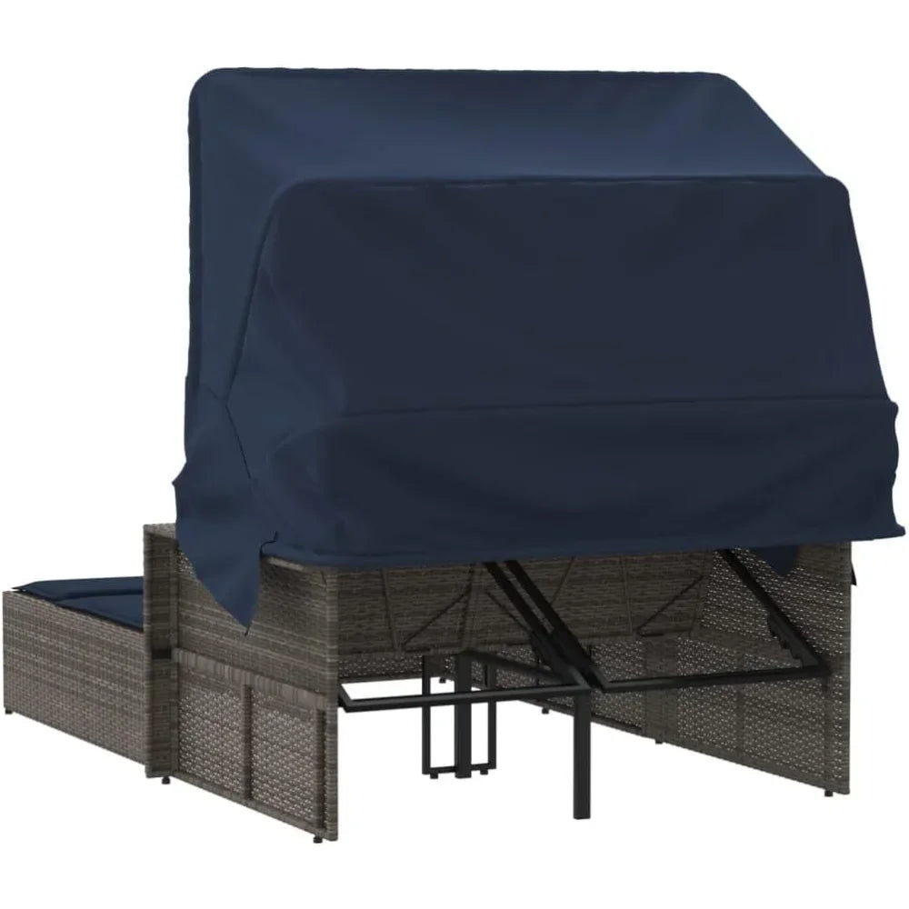 Outdoor Wicker Sun Lounger With Folding Canopy For Patio Garden