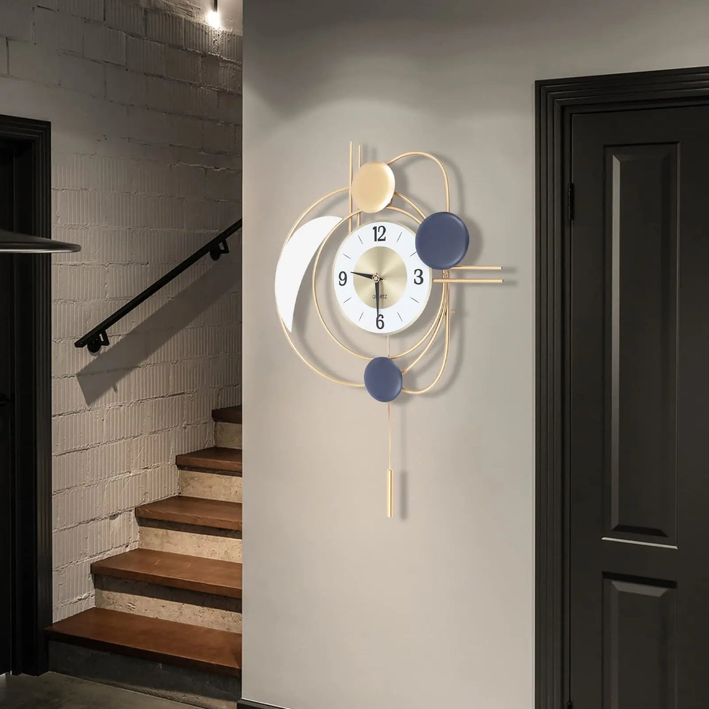 Modern Metal Wall Clock With Silent Quartz Movement And Swing Pendulum