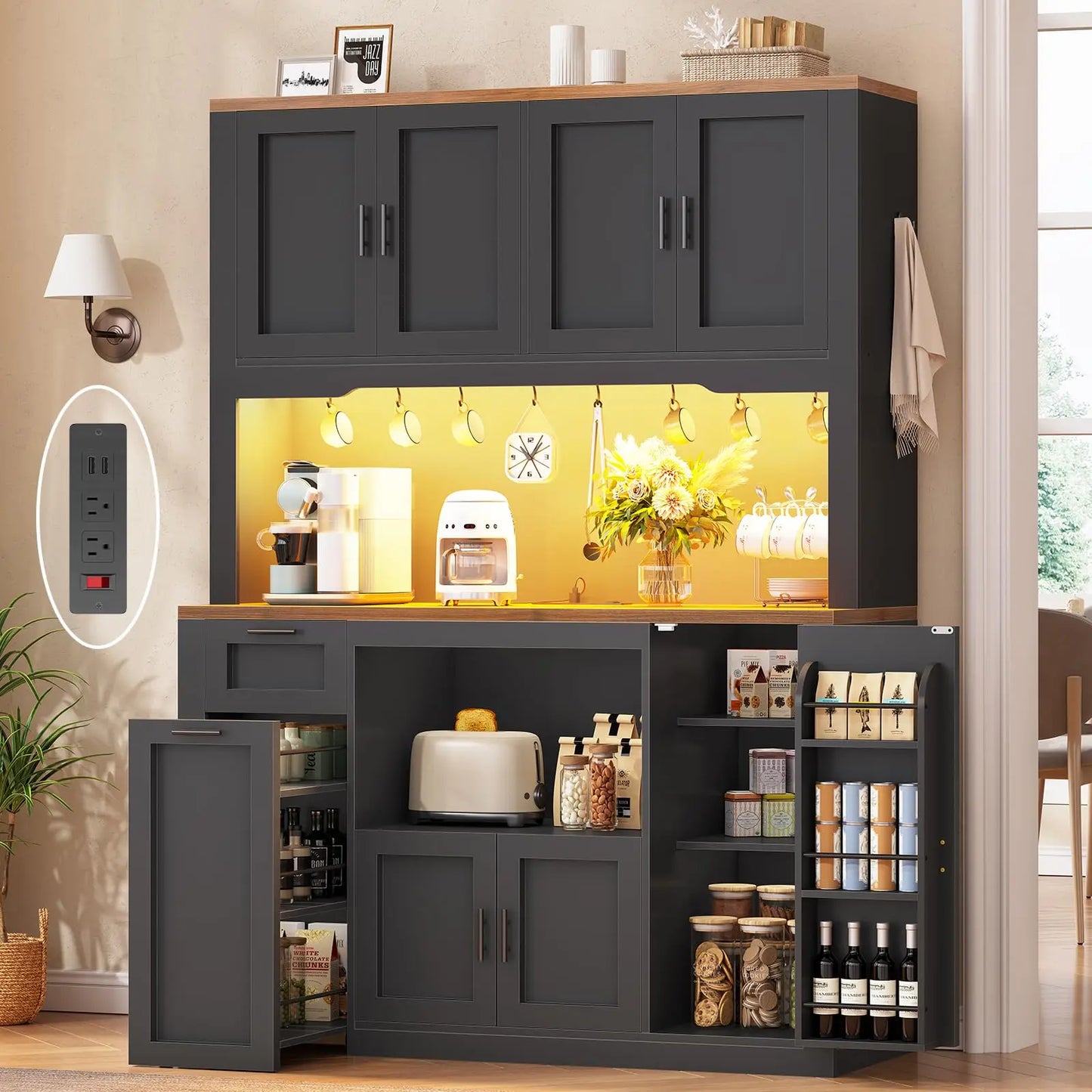 Pantry Cabinet With Charging Station And LED Light