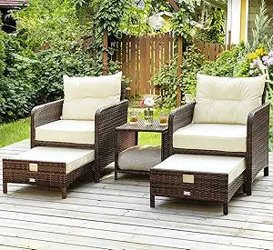 5-Piece Rattan Patio Furniture Set With Ottomans And Coffee Table