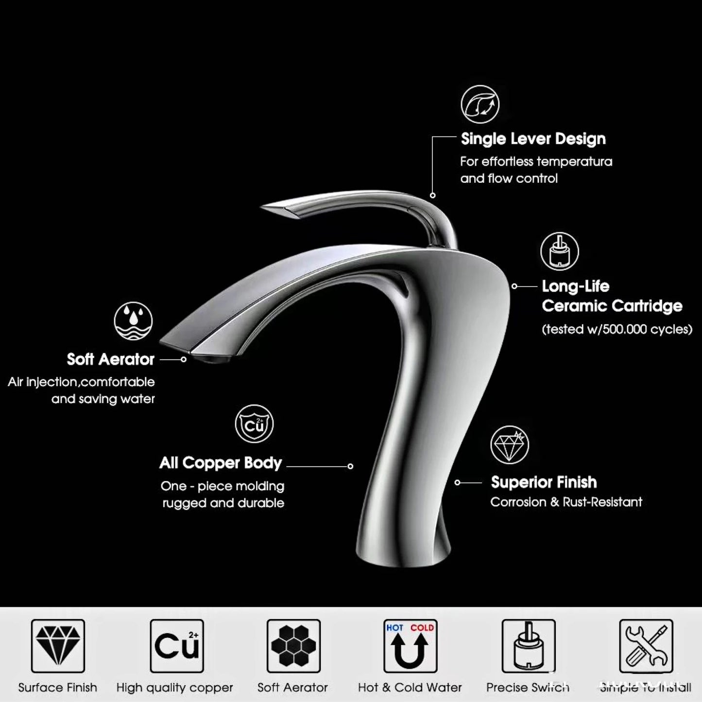Gestana Brass Bathroom Faucet Deck Mounted Basin Tap Ceramic Valve