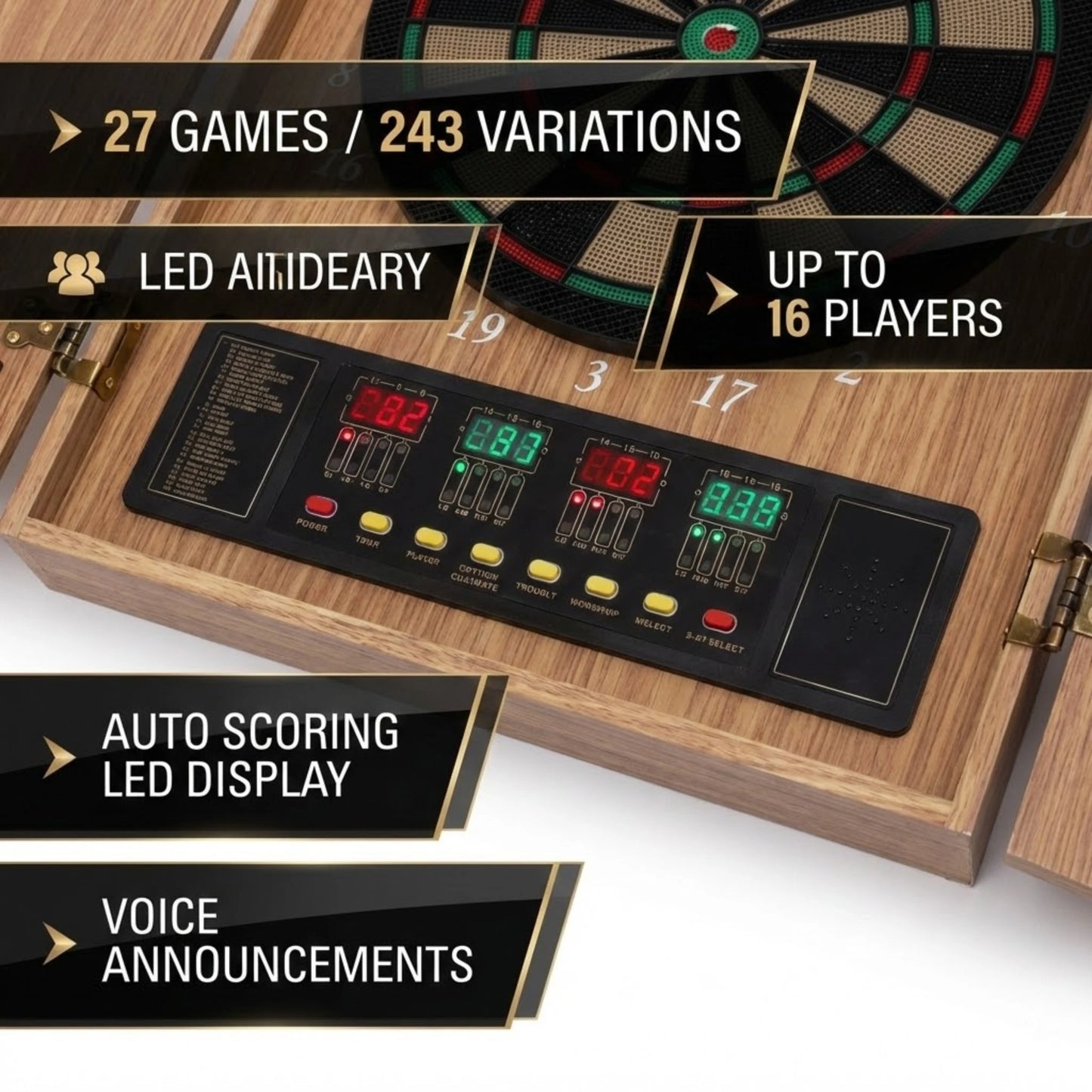 Electronic Dart Board Cabinet With Auto Scoring And Soft Tip Darts