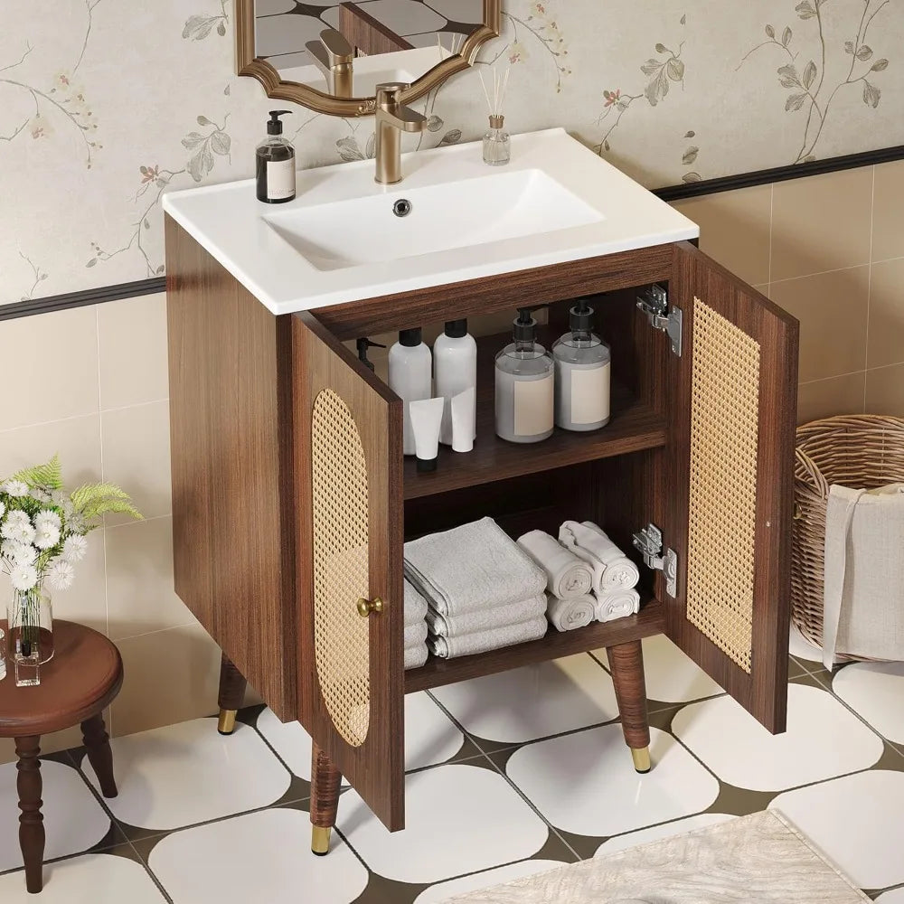TIFICY Rattan Bathroom Vanity With Sink Freestanding Cabinet
