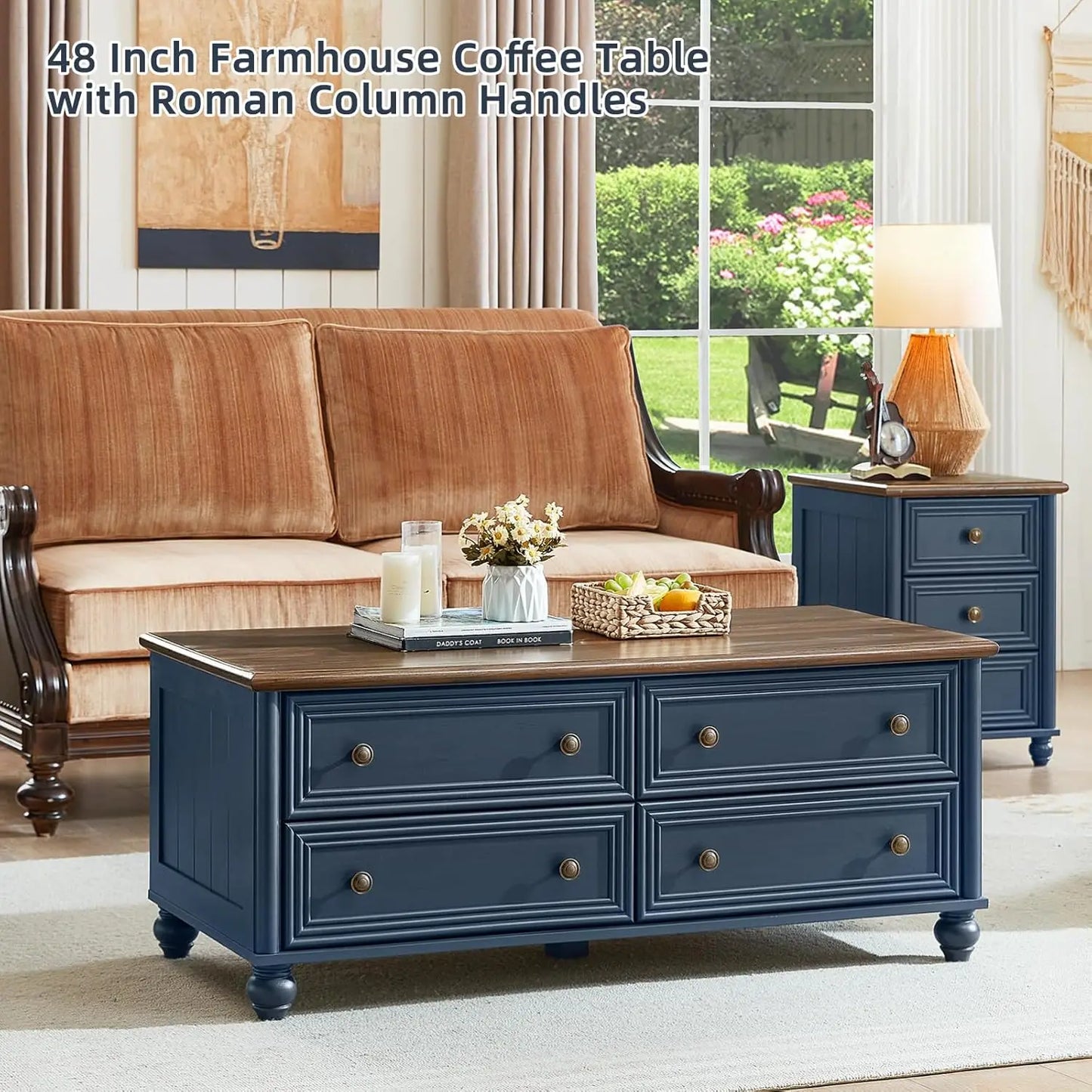 HUANZHUANG Farmhouse Coffee Table With Hidden Storage And 4 Drawers Solid Wood