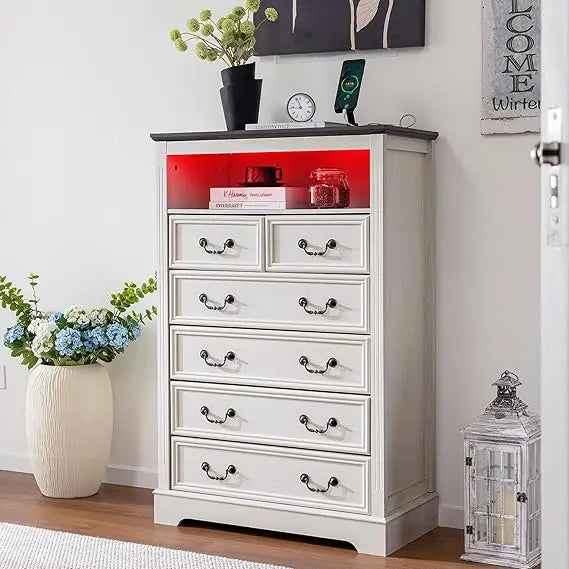 TIFICY Dresser With Charging Station And LED Light Six-Drawer