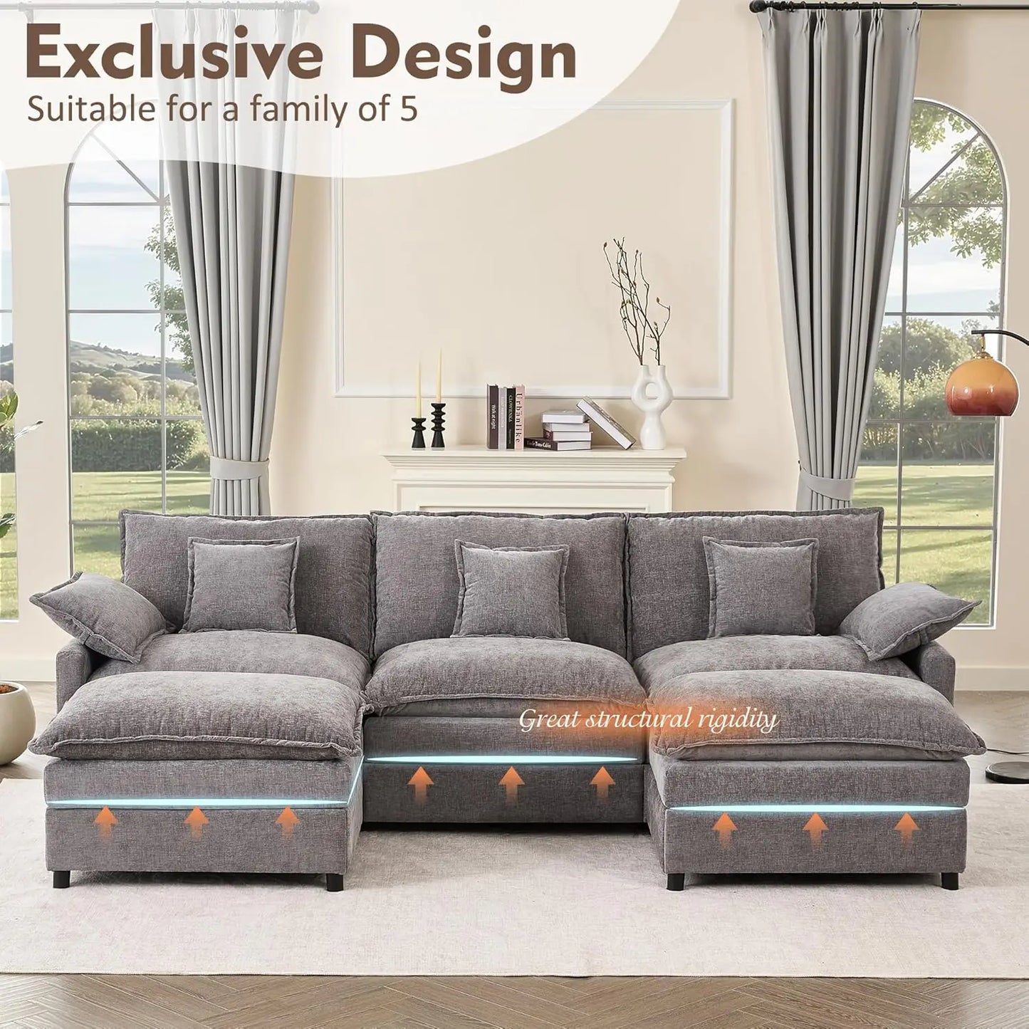 Modular U Shaped Sectional Sofa With Movable Ottoman