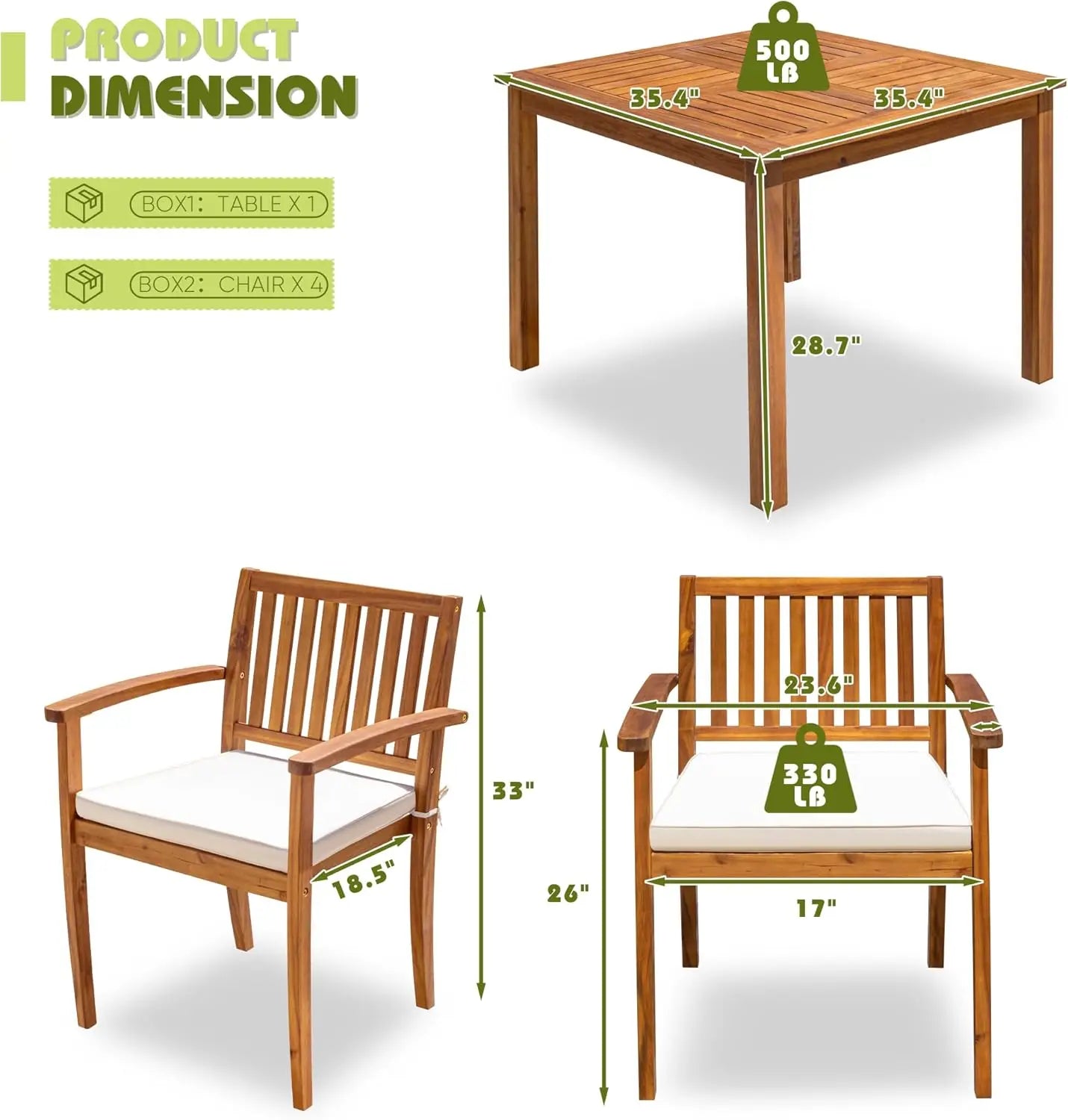 Acacia Wood Outdoor Dining Set Five Piece Cushioned Chairs