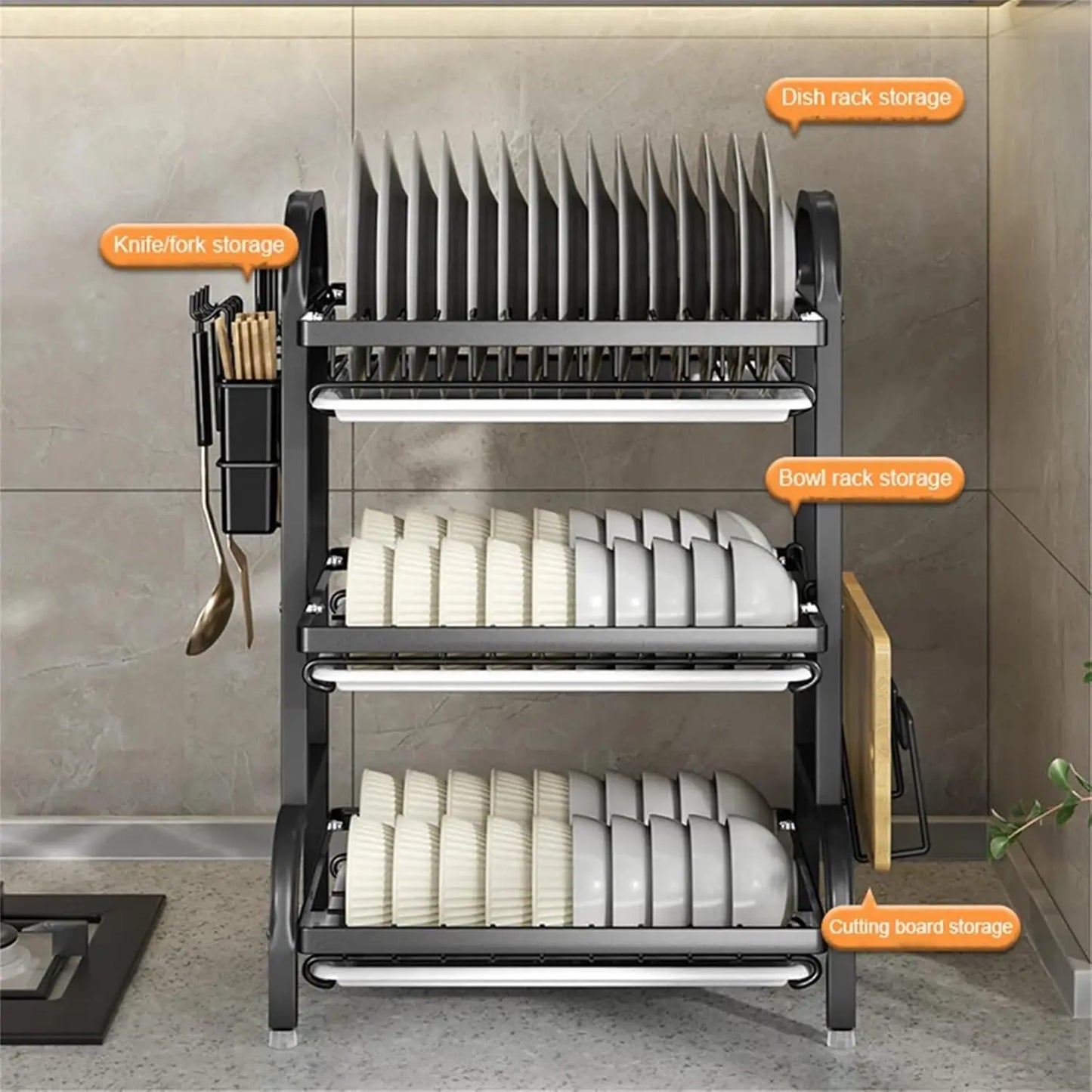 Three-Tier Dish Rack Space-Saving Kitchen Countertop Utensil Holder Tableware