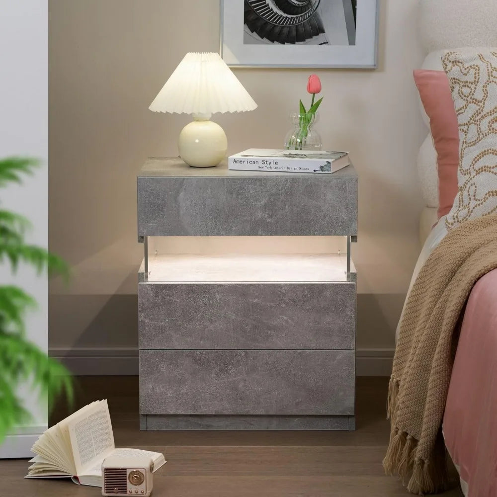 Modern LED Nightstand Set of 2 With 3 Drawers Storage