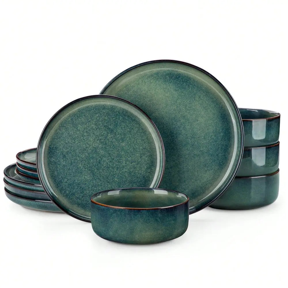 12 Pieces Kitchen Dinnerware Set, Green Set, Stoneware Dinnerware, Plate And Bowl Set For 4 Person, Round Plate With Vertical E