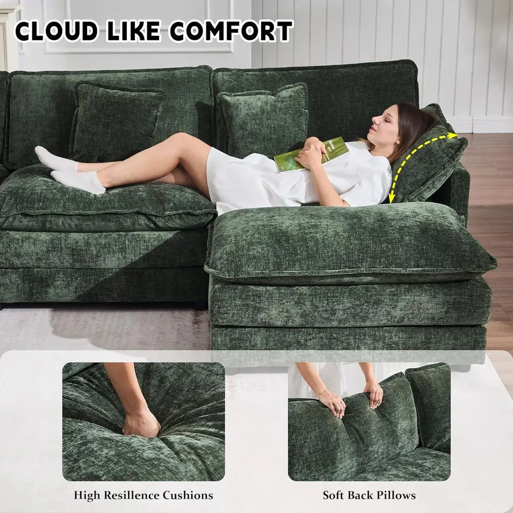 Chenille Cloud Couch With Movable Ottoman L Shaped Sectional Sofa