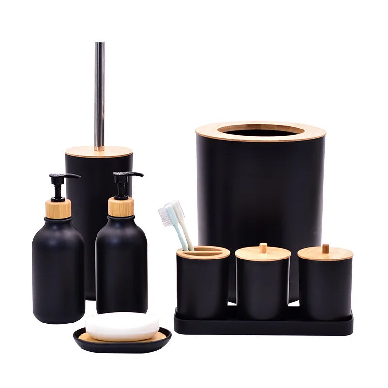 Bathroom Accessories Set 9 Piece Dispenser Toothbrush Holder Trash Can
