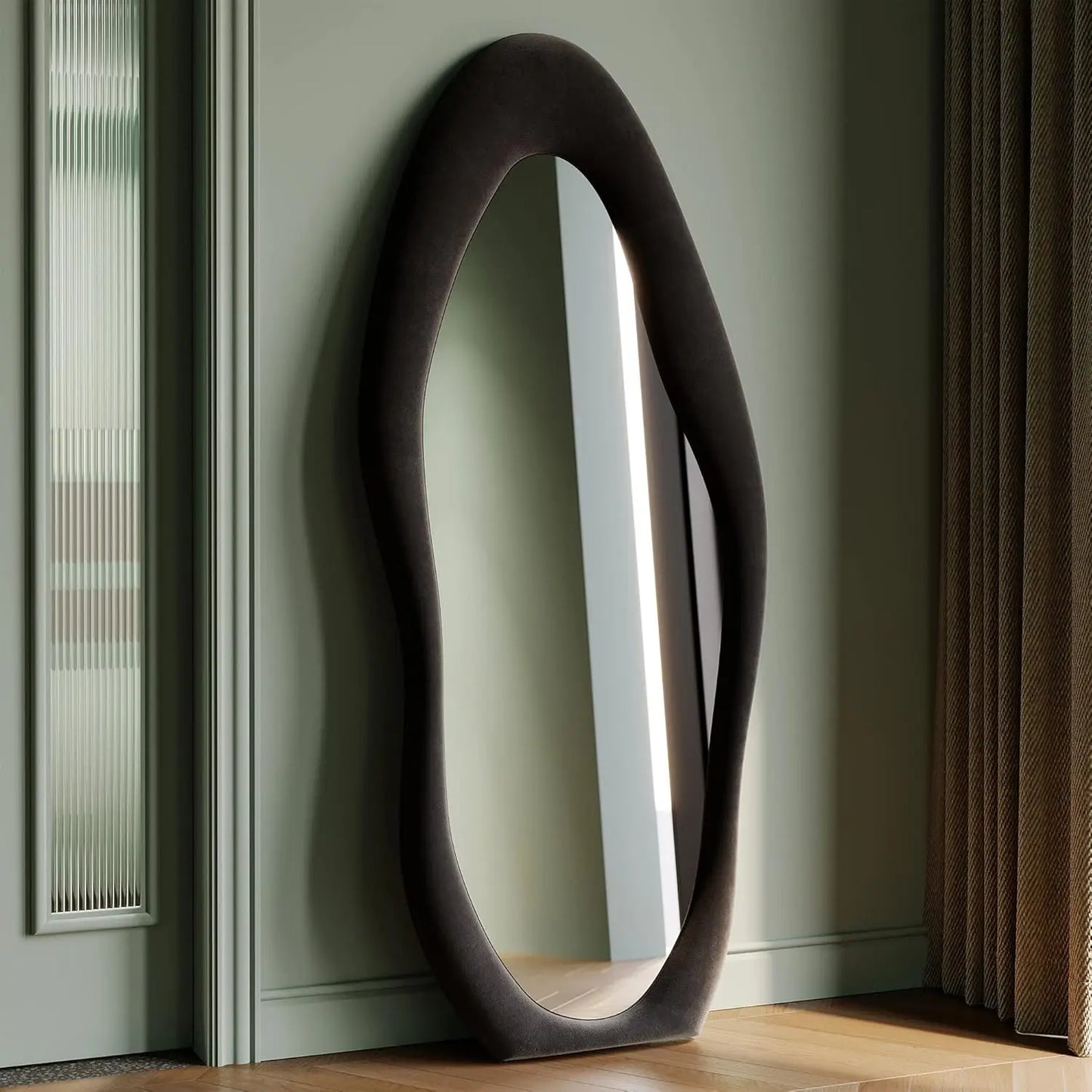 Wave Mirror With Wooden Flannel-Wrapped Frame For Bedroom Decor