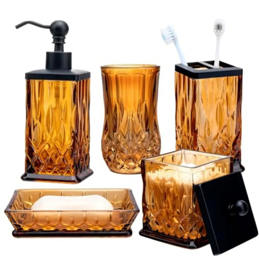 Glass 5 Piece Bathroom Accessories Set Dispenser Toothbrush Holder
