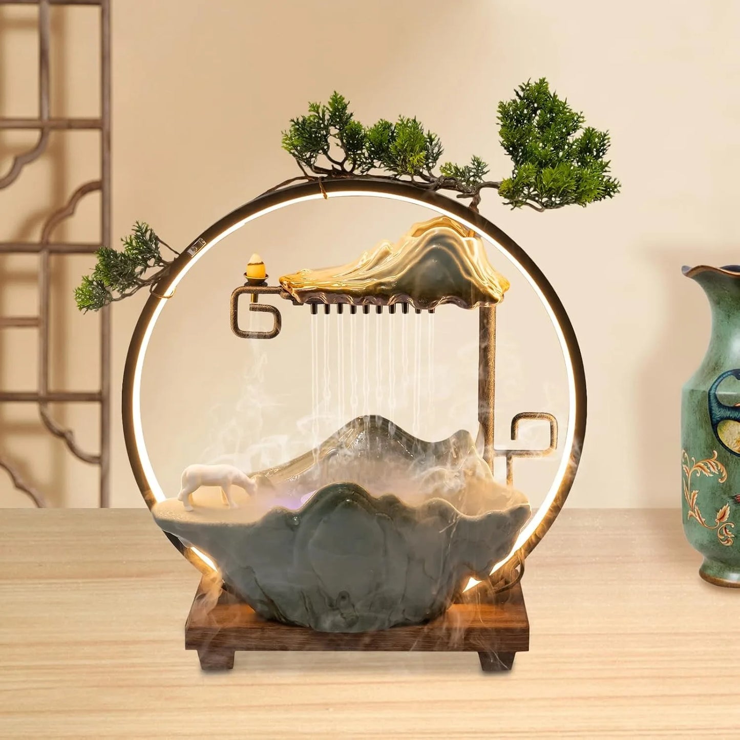 Bymaocar Tabletop Water Fountain With LED Light And Mist Maker