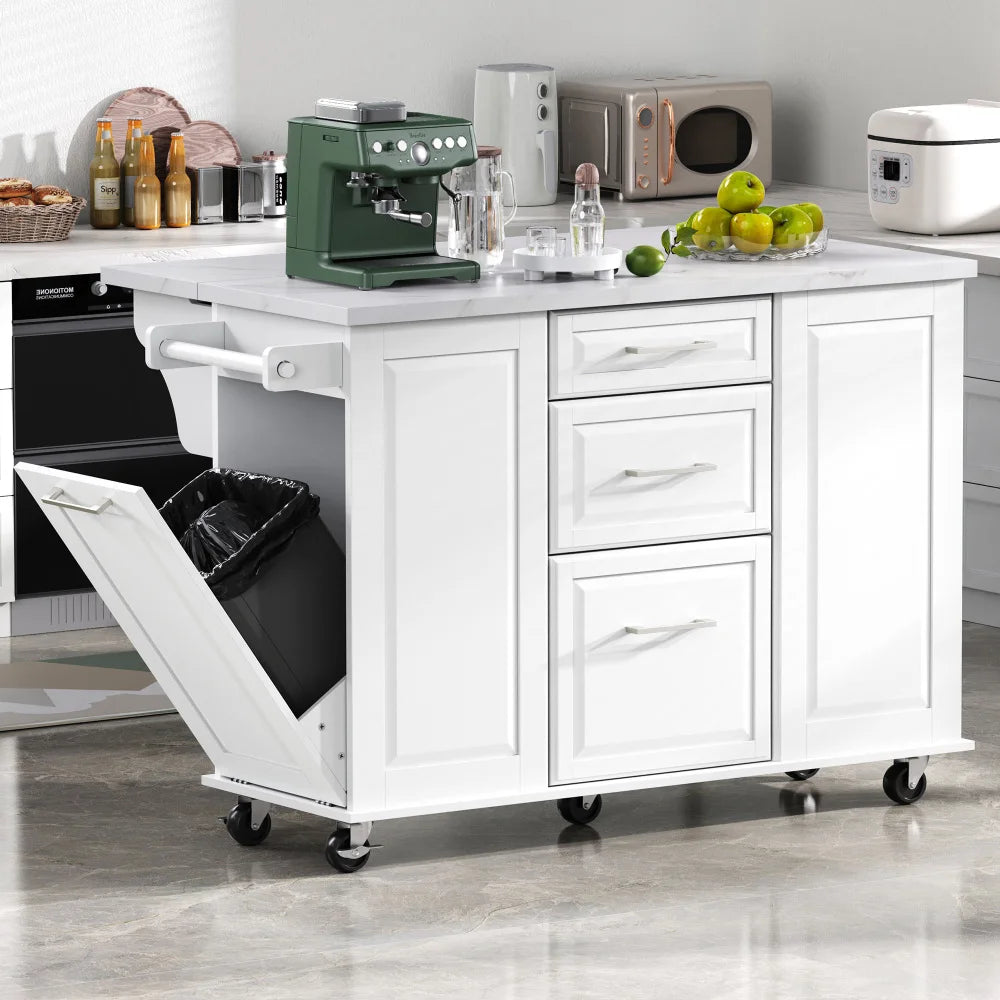 50.7" Kitchen Island with Storage Tilt Trash Can Cabinet and Pull Out Cabinet Organizer, Rolling Kitchen Island with 5 Wheels