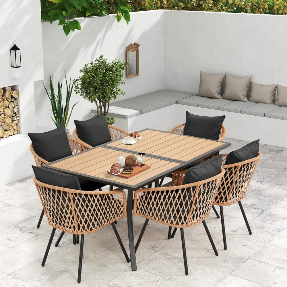 All-Weather Rattan Patio Dining Set With Wood Table And Removable Cushions