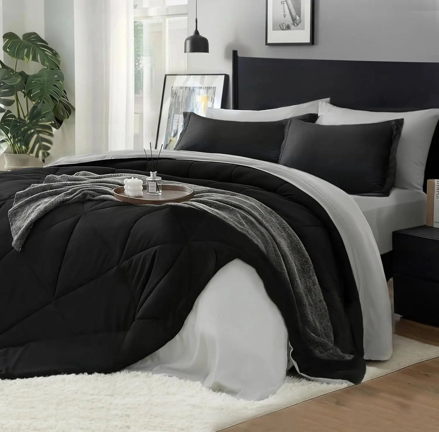 Queen Comforter Set 7 Pieces Bed in a Bag - Soft Microfiber Reversible Black Bedding for All Seasons