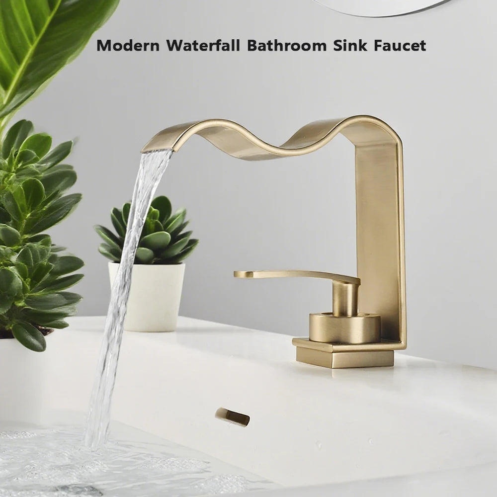 WJNMONE Deck Mounted Bathroom Faucet Hot Cold Waterfall Brass Mixer