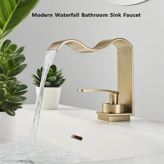 WJNMONE Deck Mounted Bathroom Faucet Hot Cold Waterfall Brass Mixer
