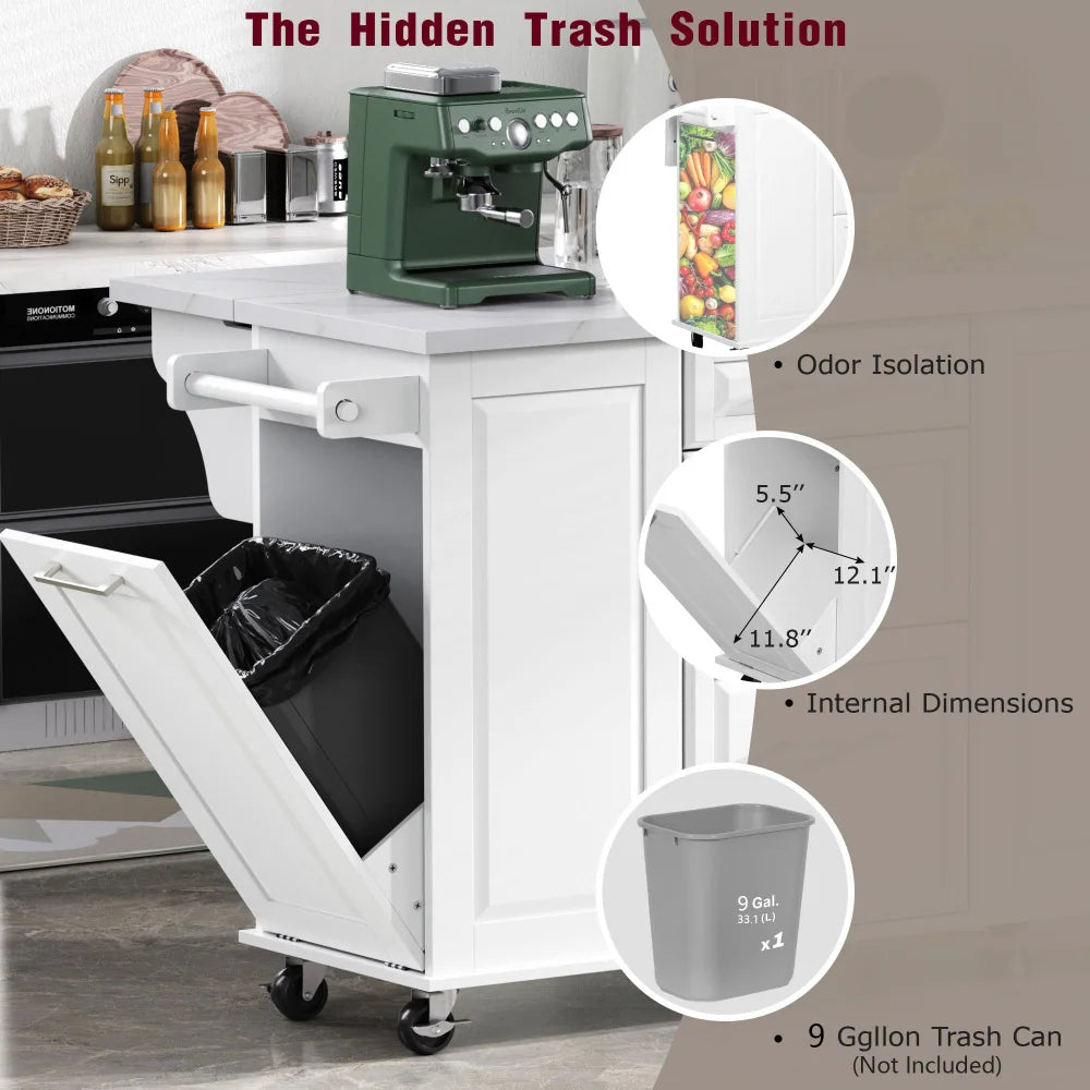 50.7" Kitchen Island with Storage Tilt Trash Can Cabinet and Pull Out Cabinet Organizer, Rolling Kitchen Island with 5 Wheels
