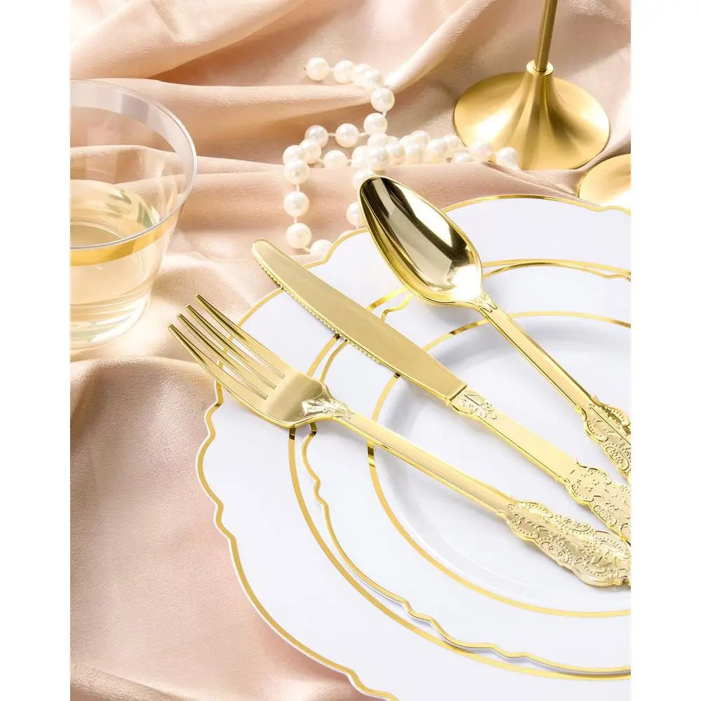 Elegant White Gold Plastic Dinnerware Set for 350 Guests or Baroque Disposable Partyware with 100 Plates, 50 Napkins, Silverware
