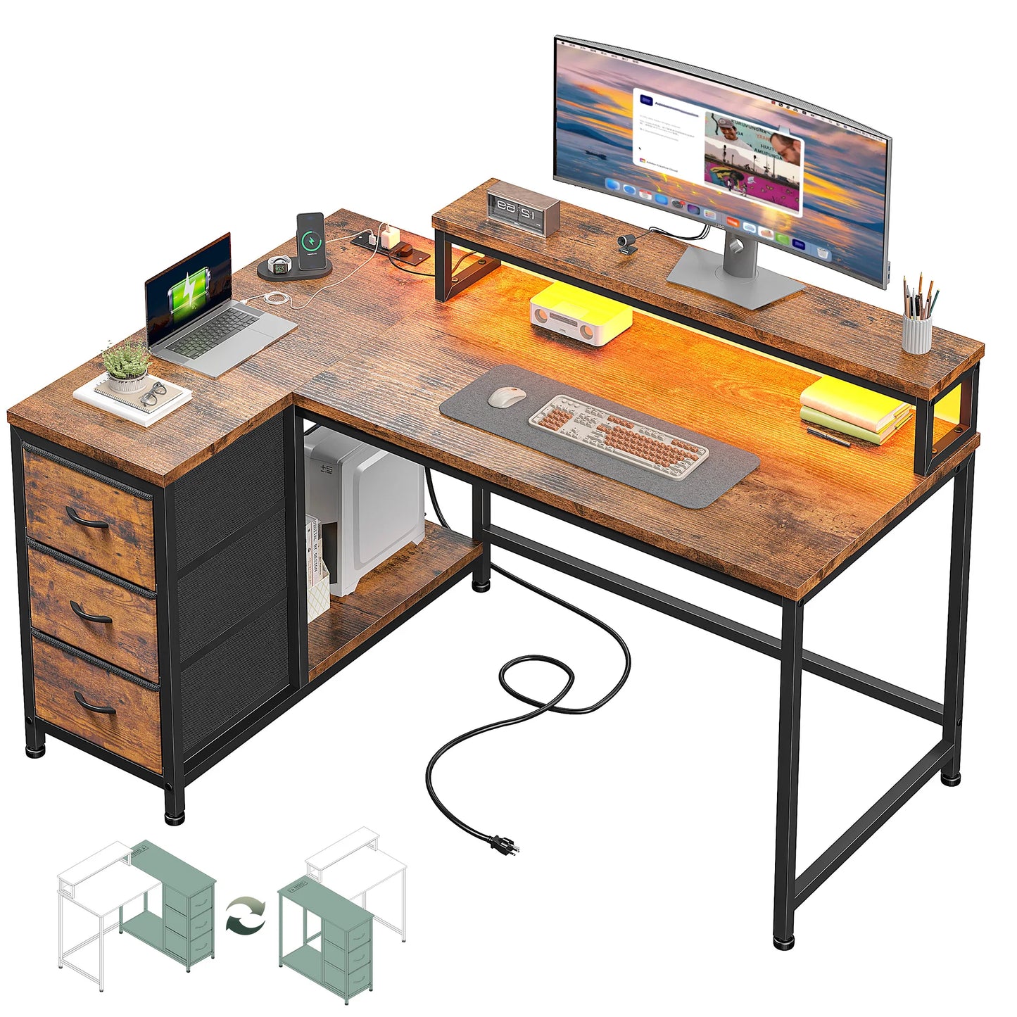 EnHomee L Shaped Computer Desk With LED Lights USB Outlet