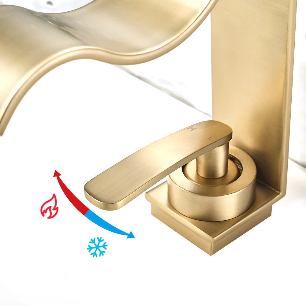 WJNMONE Deck Mounted Bathroom Faucet Hot Cold Waterfall Brass Mixer
