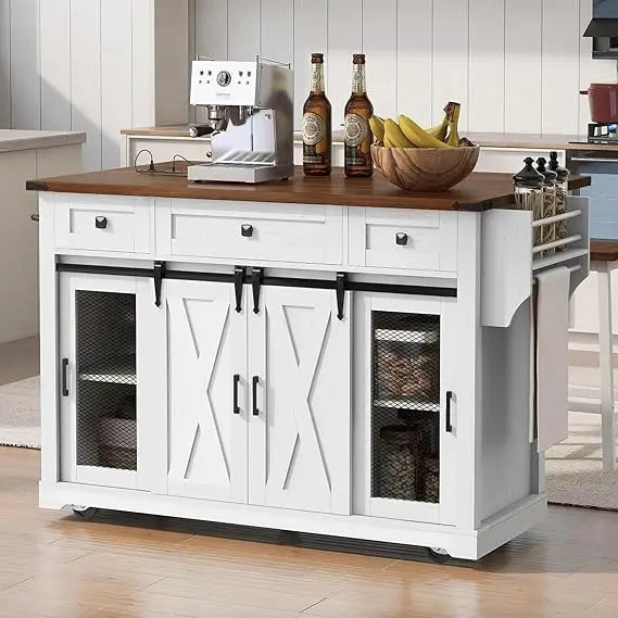 Farmhouse Kitchen Island Cart on Wheels with Drop Leaf & Power Outlet, Sliding Barn Door Storage Cabinet Breakfast Bar