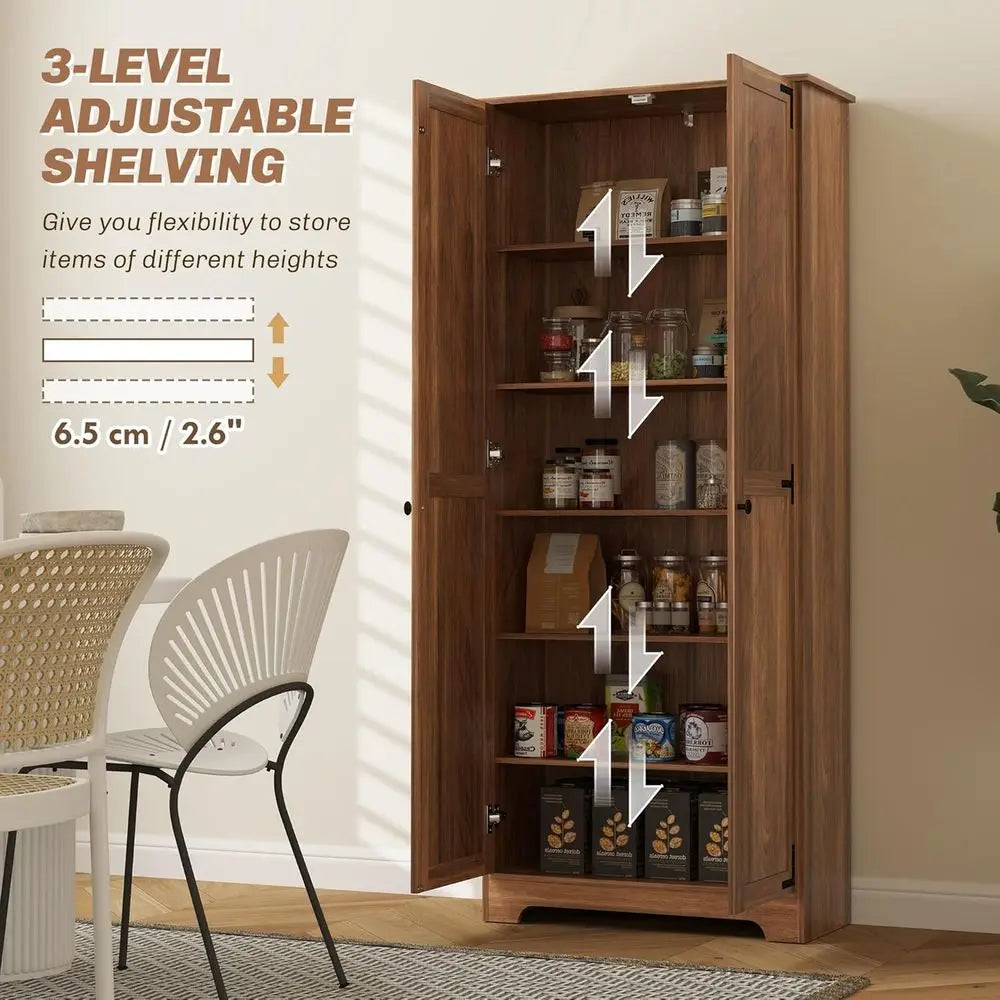 72" armhouse Pantry Cabinet, reestanding Tall Kitchen Pantry Storage Cabinet with Adjustable Shelves and Reced Do, Brown