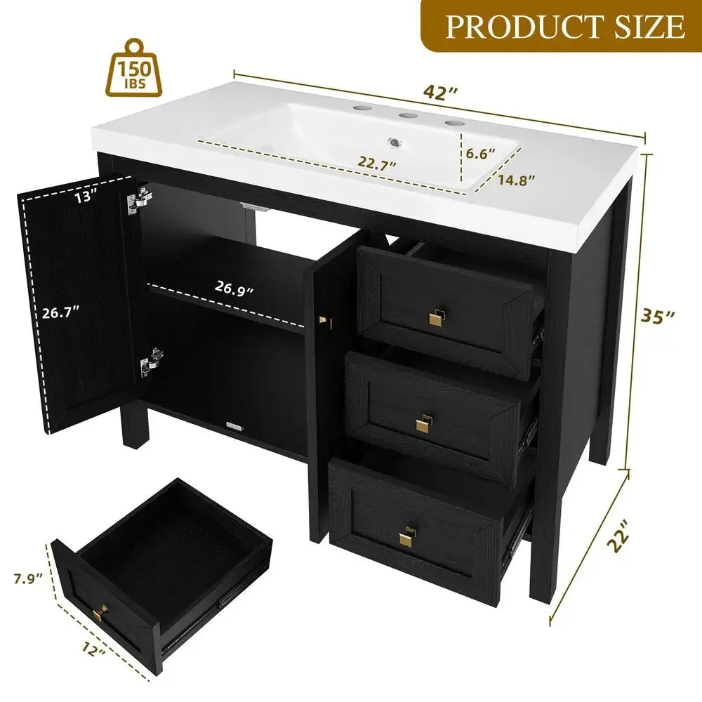 42 Inch Bathroom Vanity with Sink, Modern Bathroom Storage Cabinet with Resin Basin, Three Holes, 2 Doors amp 3 Drawers
