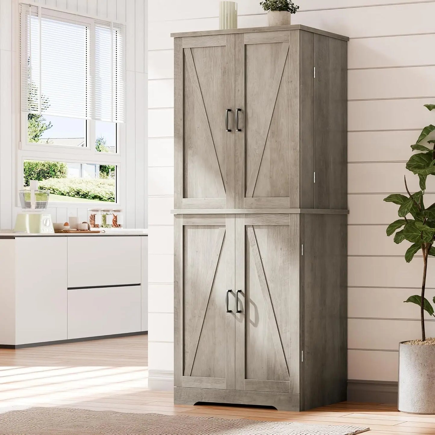 Rustic Pantry Cabinet Barn Door Drawer Adjustable Shelves 6-Tier Wood Cupboard Kitchen Dining Bath, Custom