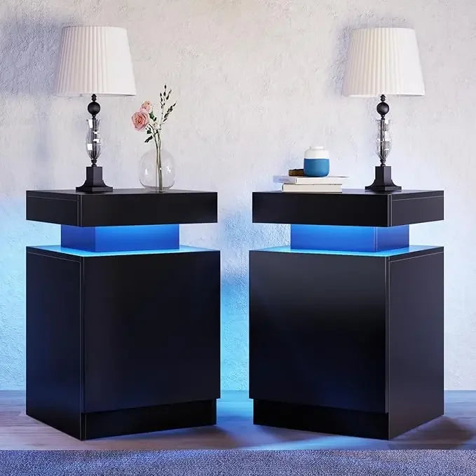 Nightstand Set of 2 with LED Lights and Storage Cabinet
