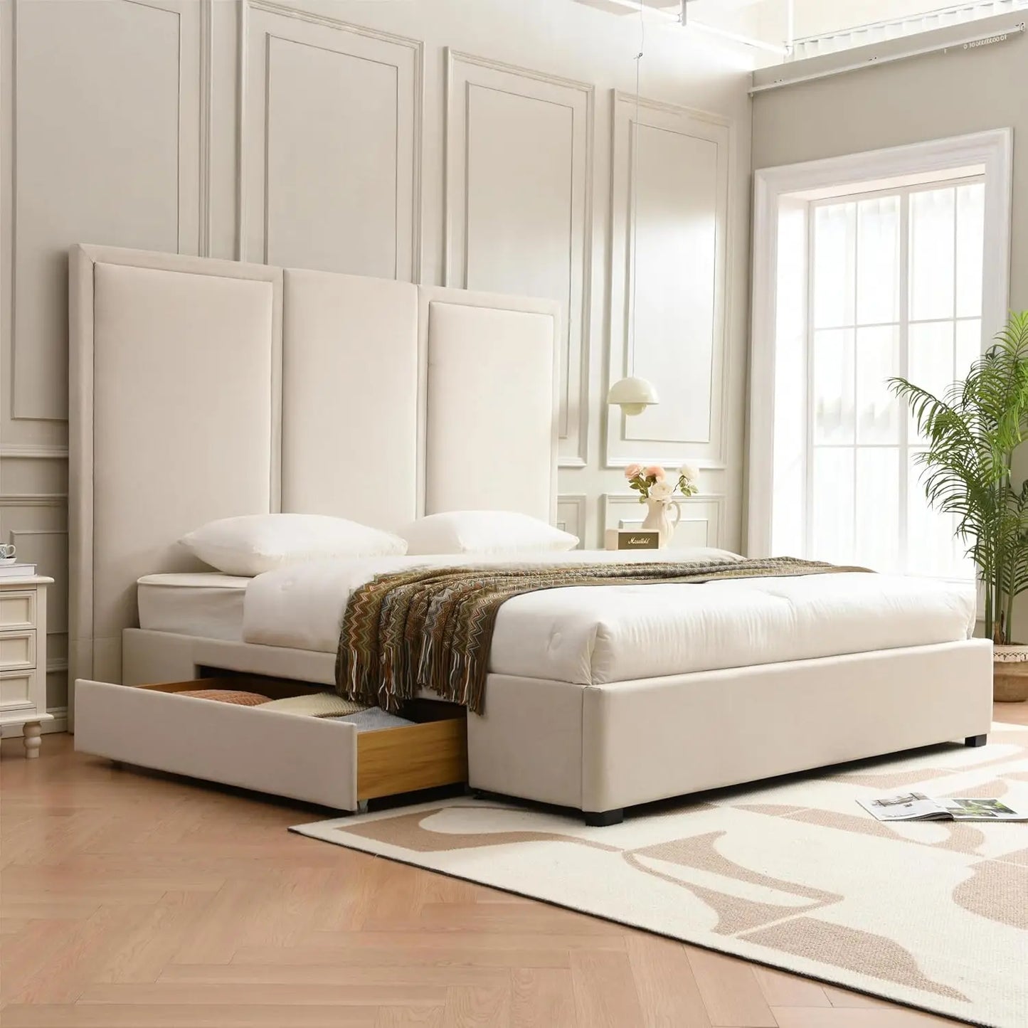 Linen Upholstered Platform Bed Frame With Storage And Headboard
