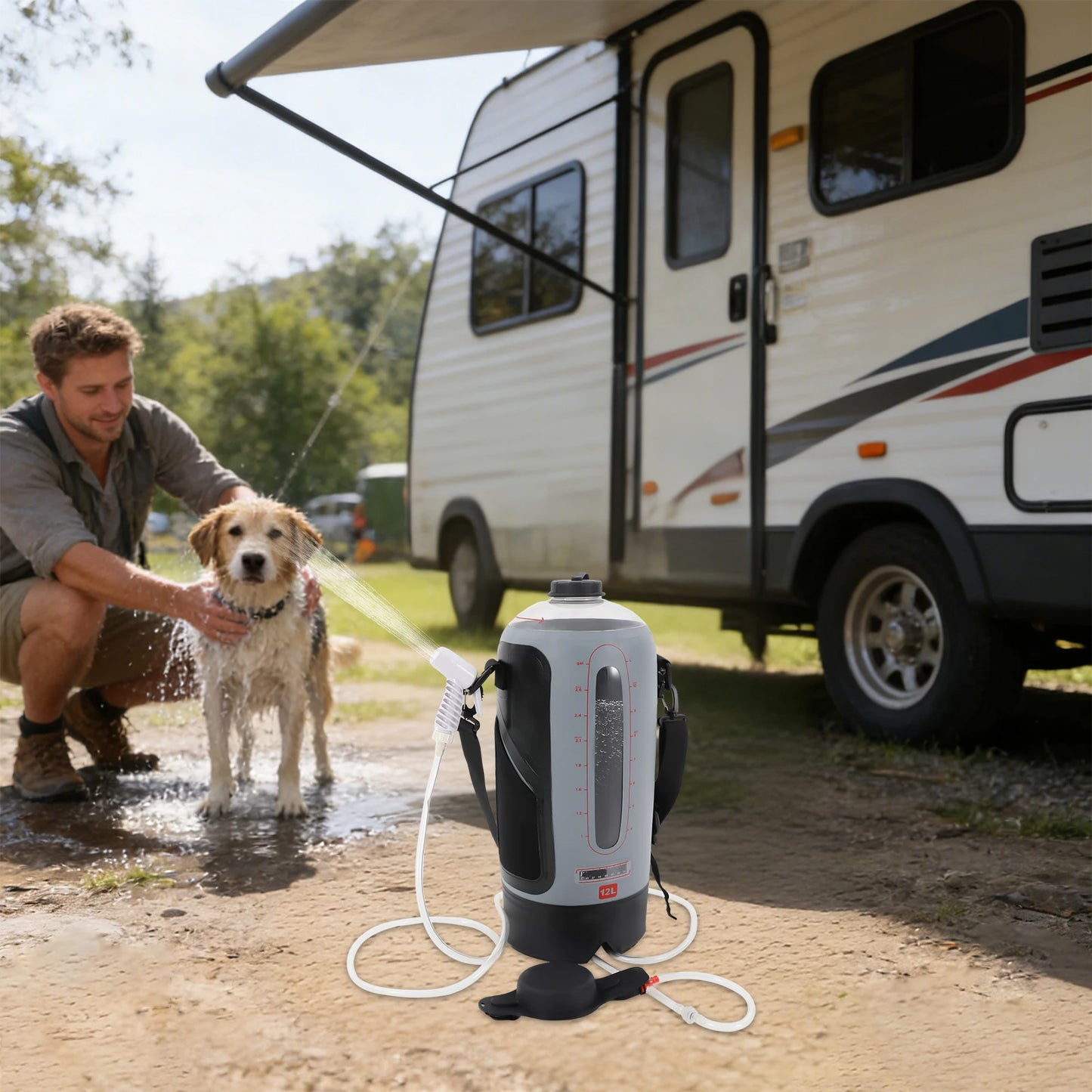 12L Portable Pressure Camp Shower Outdoor Bathing Device with Air Pump for Showering/Washing