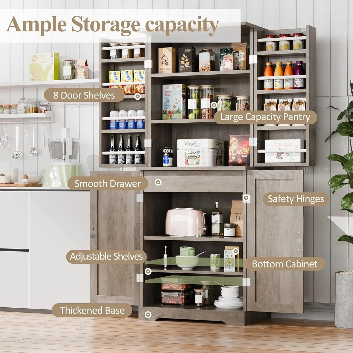 Rustic Pantry Cabinet Barn Door Drawer Adjustable Shelves 6-Tier Wood Cupboard Kitchen Dining Bath, Custom