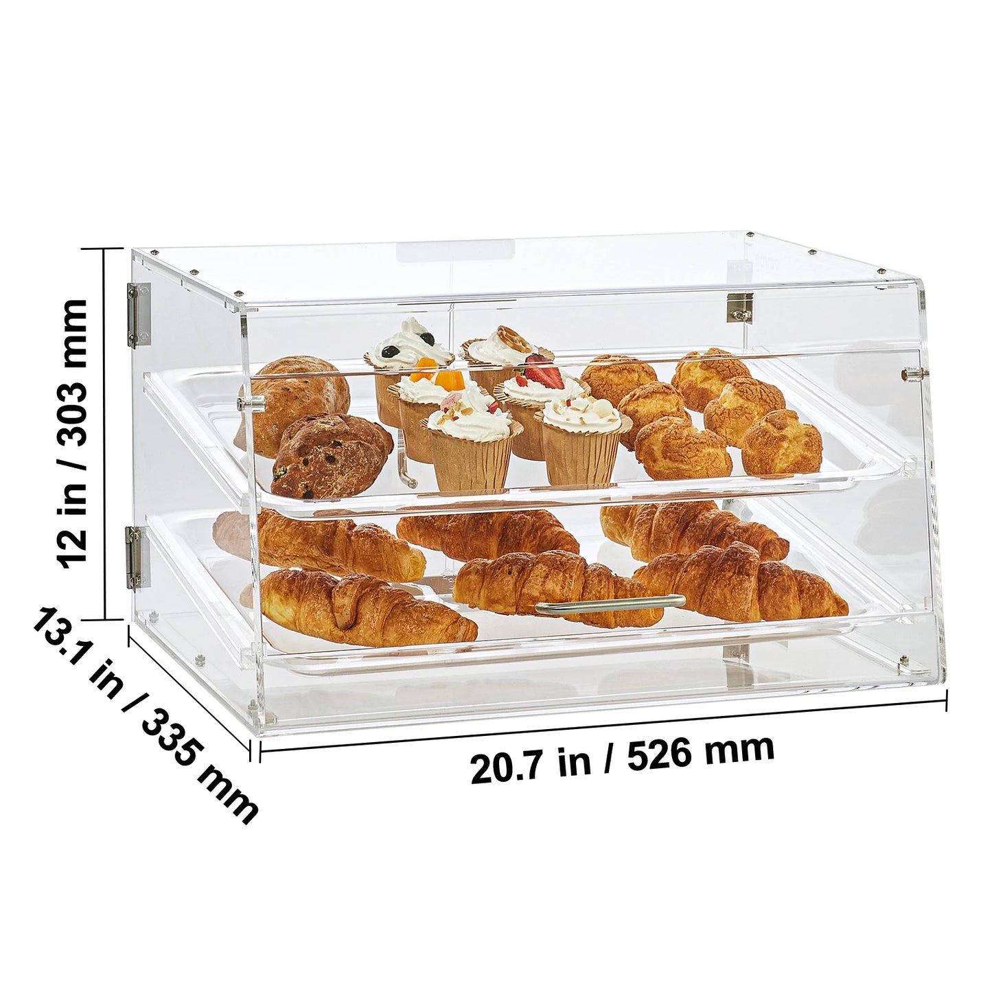 SucceBuy 2 Tray Clear Pastry Display Case Acrylic Commercial Countertop Bakery Display Case with Front and Rear Door for Bread