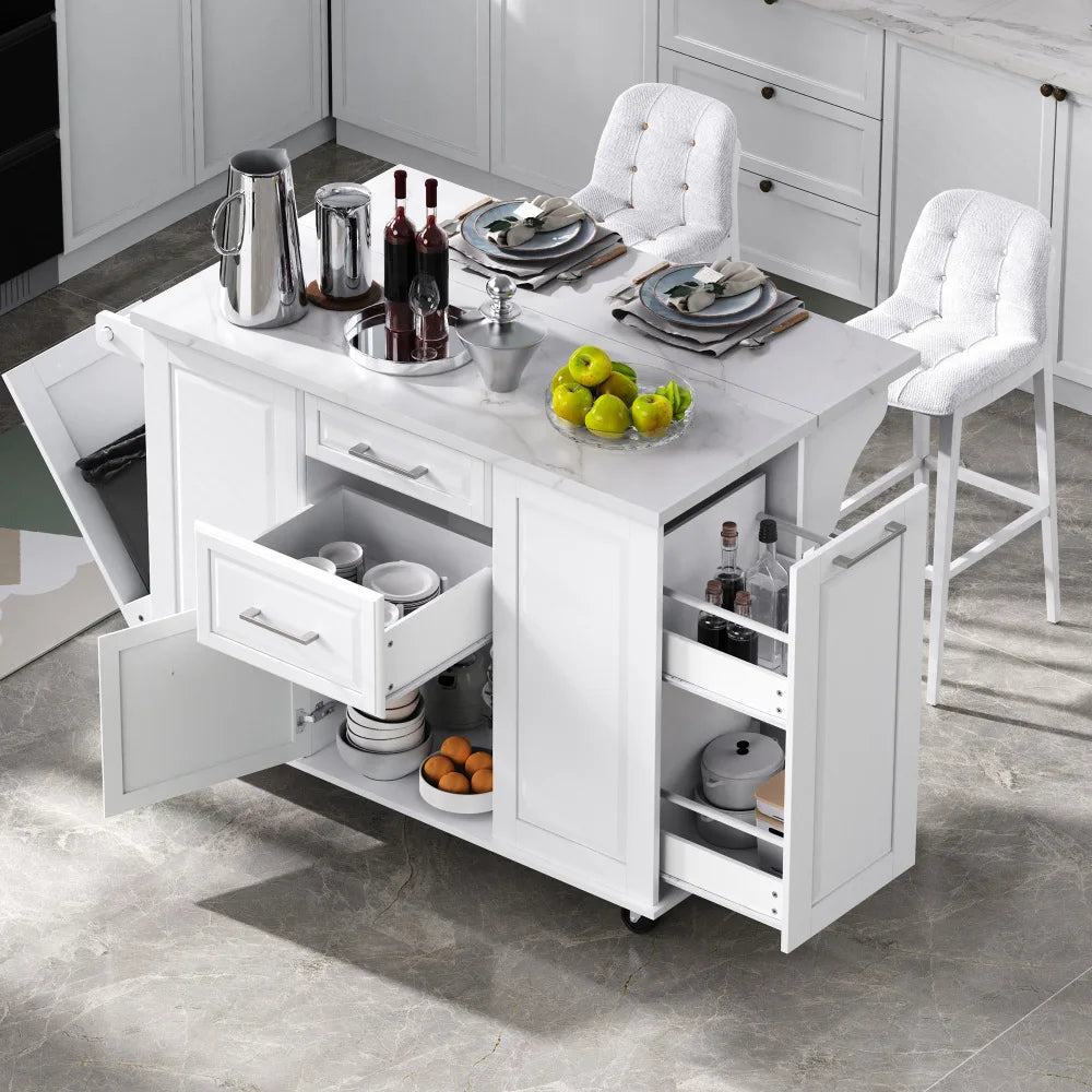 50.7" Kitchen Island with Storage Tilt Trash Can Cabinet and Pull Out Cabinet Organizer, Rolling Kitchen Island with 5 Wheels