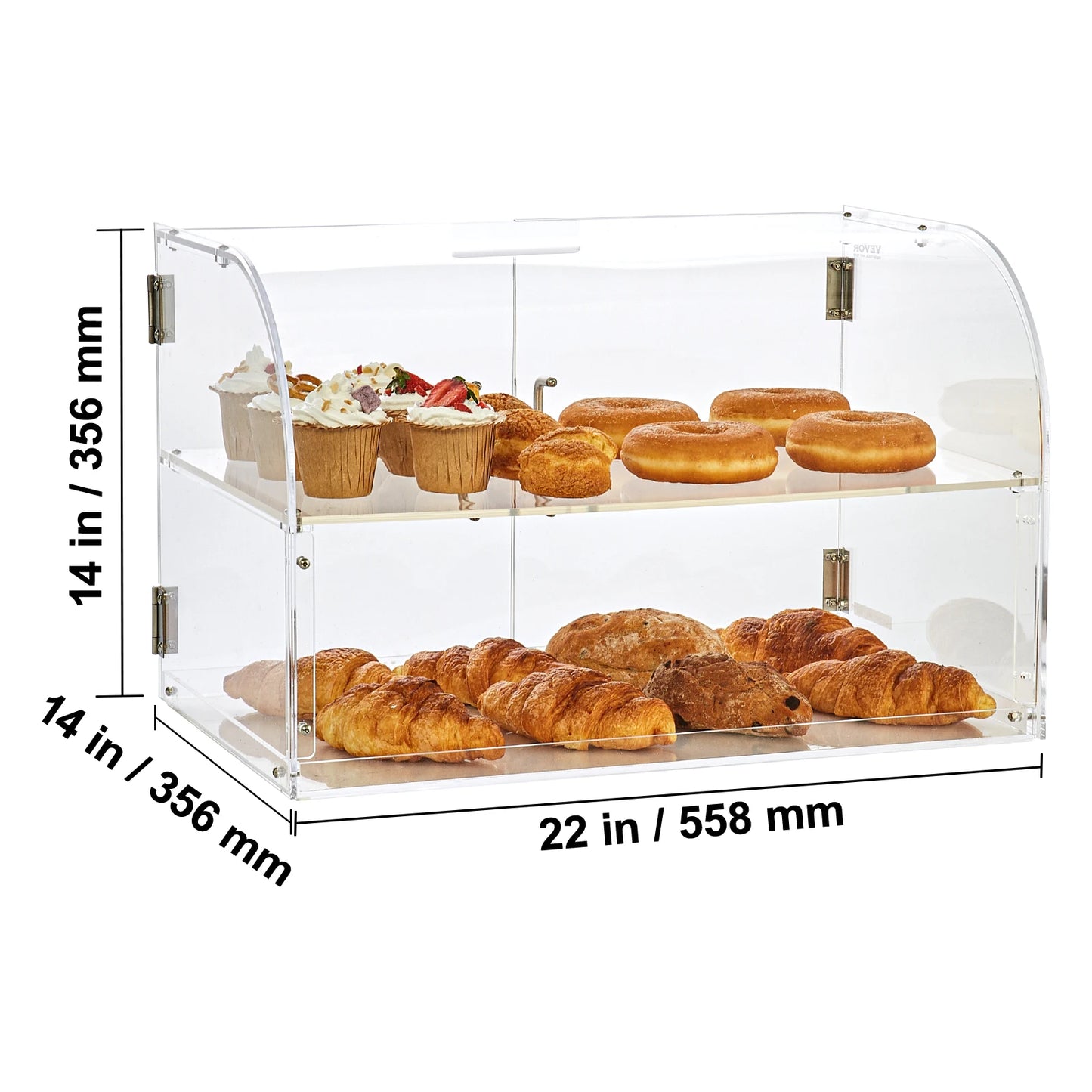 SucceBuy 2 Tray Clear Pastry Display Case Acrylic Commercial Countertop Bakery Display Case with Front and Rear Door for Bread