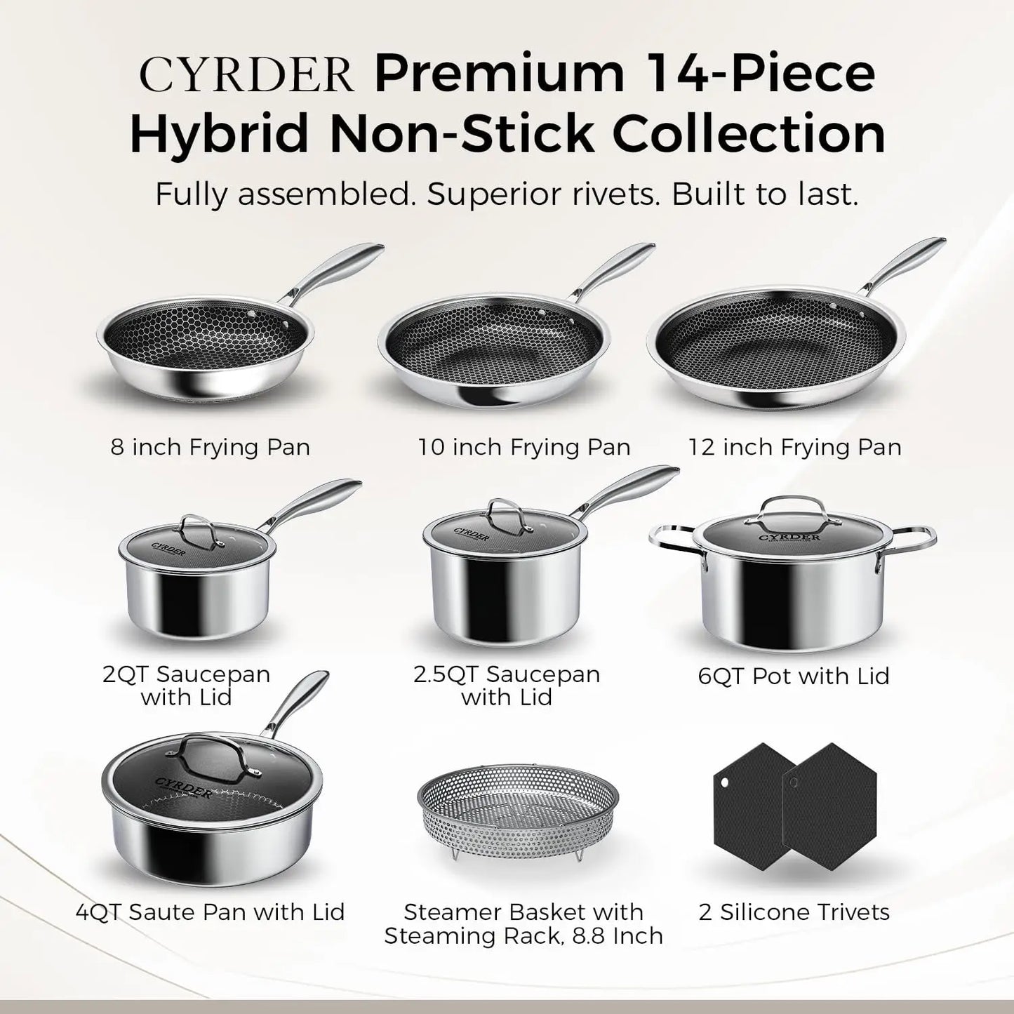 Nonstick Pots and Pans Set 14 Piece Hybrid Hex Non Stick Stainless Steel Cookware with Frying Pans Saute Pan Saucepans Stock