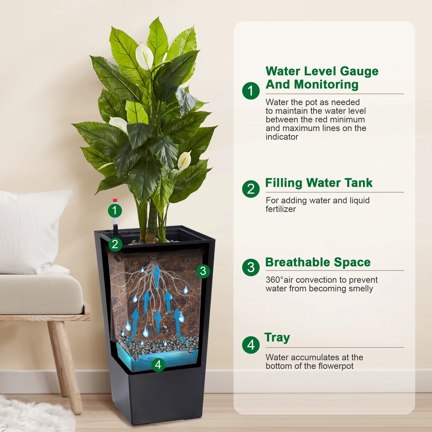 2pcs Planters Outdoor Indoor Planter Pots, High Front Porch Planter Pots with Drainage Holes Auto Watering, Convenience Instill