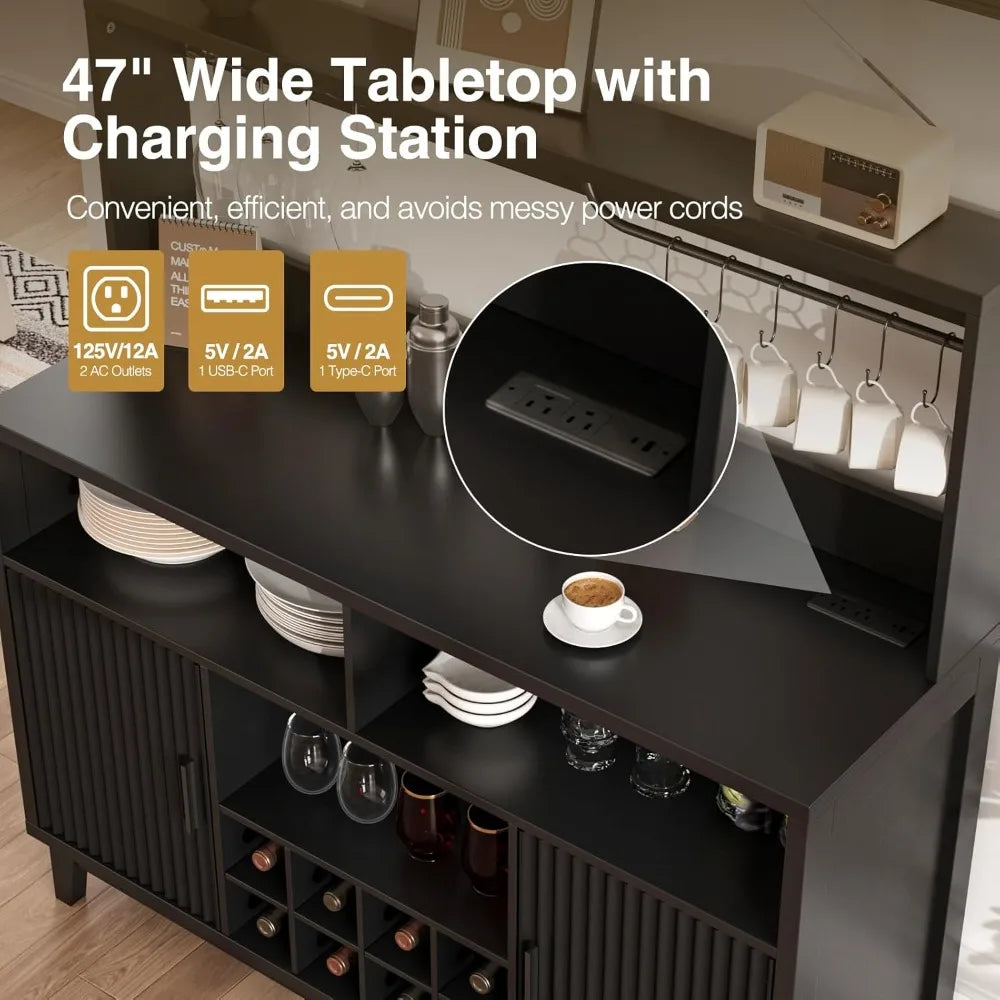 Fluted Modern Buffet Cabinet With Storage Removable Wine Rack