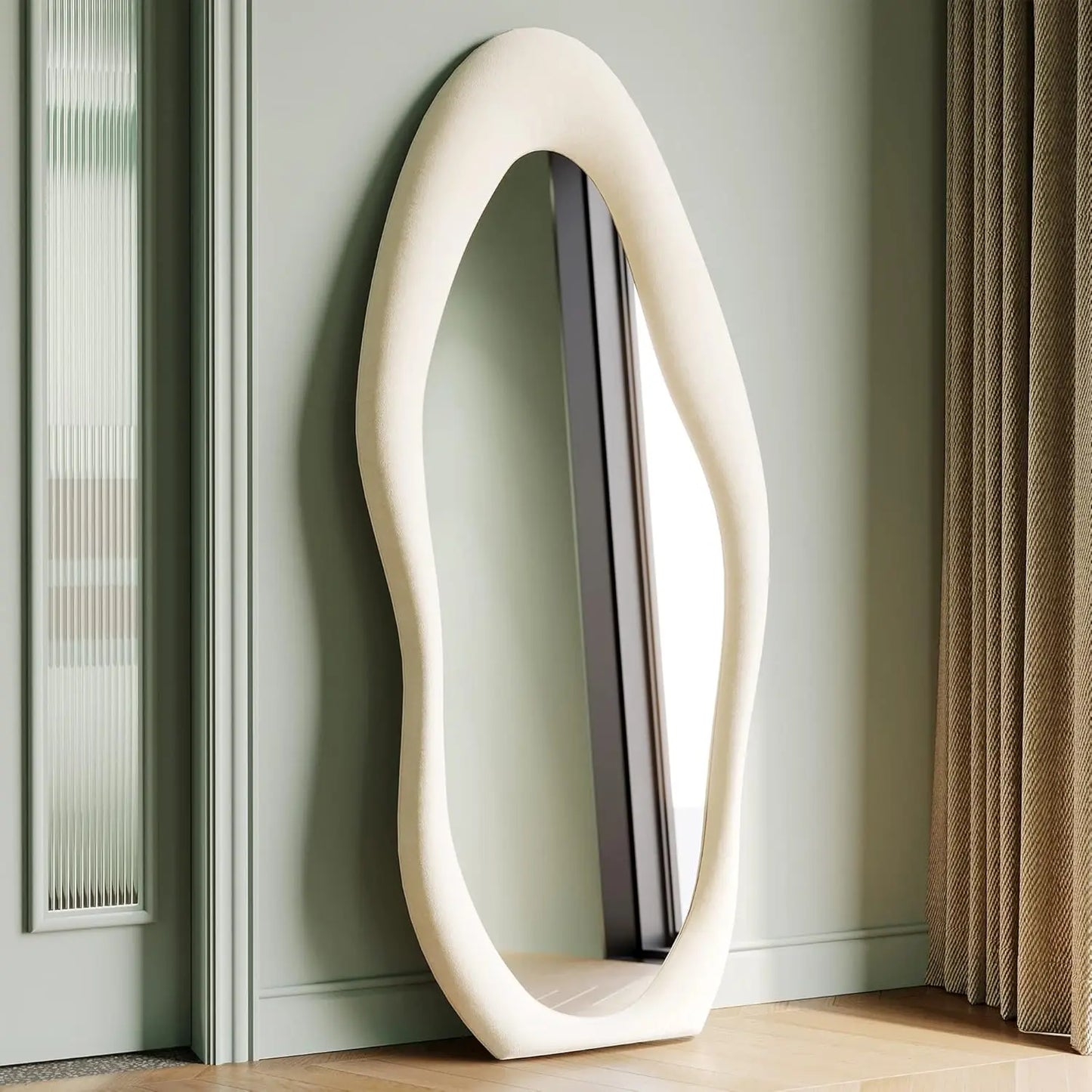 Wave Mirror With Wooden Flannel-Wrapped Frame For Bedroom Decor