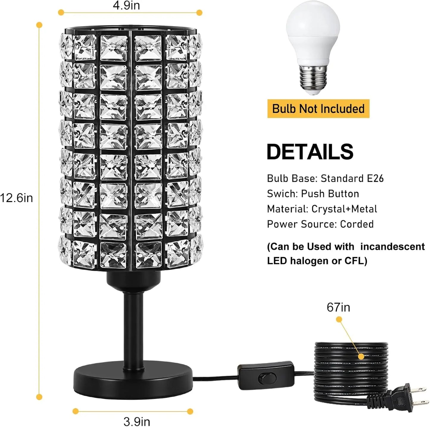 Elegant Crystal Table Lamps Set of 2 Black Modern Bedside Nightstand Lamps
